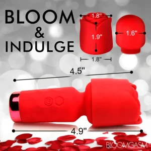 The Bloomgasm Pleasure Rose Petite Mini Silicone Rose Wand massager is shown with labelled dimensions: 4.9" length, 4.5" handle, 1.8" flower width, and 1.6" tip width. Background features rose petals and "BLOOM & INDULGE.