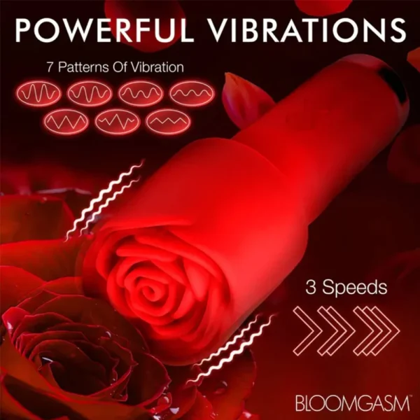 The Bloomgasm Pleasure Rose Petite Mini Silicone Rose Wand is displayed with "Powerful Vibrations," 7 vibration patterns, and 3 speeds. Red roses decorate the background alongside the product name.