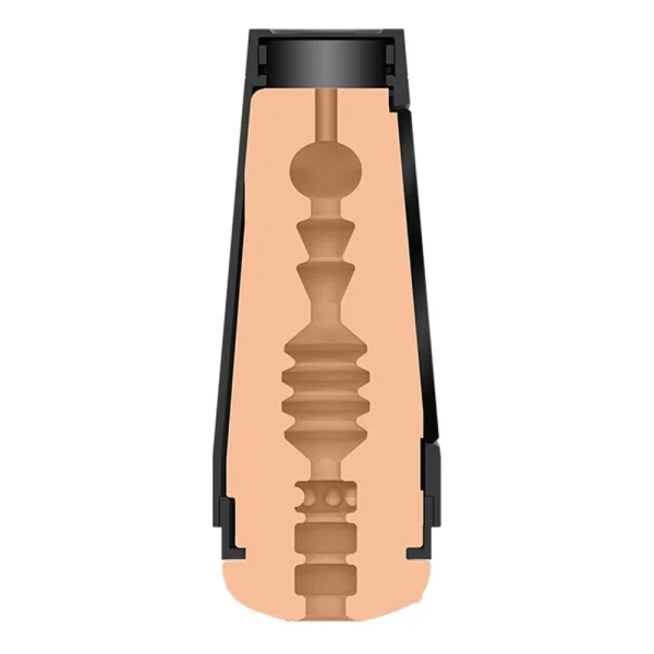 A digital illustration of the Doc Johnson Main Squeeze Belladonna UltraSkyn Stroker, shown in cross-section to display its textured internal canal and durable outer casing.