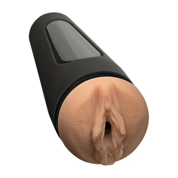 The Doc Johnson Main Squeeze Belladonna UltraSkyn Stroker is a realistic male toy featuring a black cylindrical case and a lifelike vaginal opening crafted from soft, flesh-coloured UltraSkyn material.