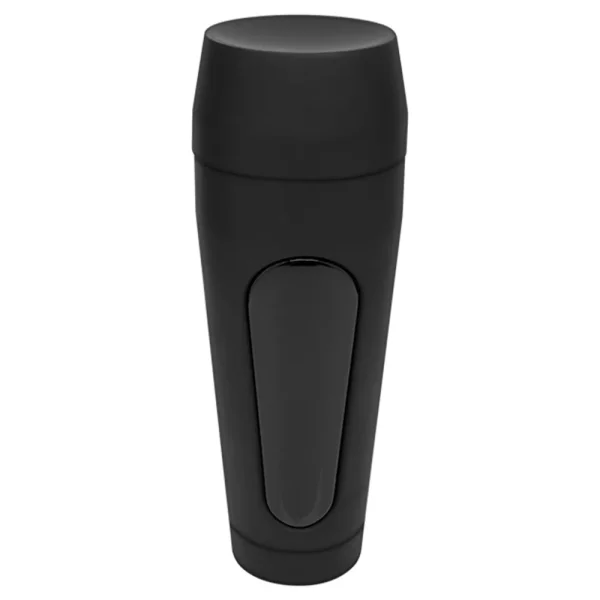 The Doc Johnson Main Squeeze Dani Daniels UltraSkyn Stroker features a matte black, cylindrical design with a lid and a glossy vertical accent pressure pad, shown against a white background.