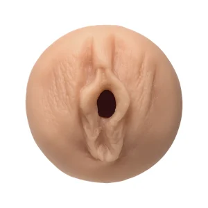 Close-up of the Doc Johnson Main Squeeze Dani Daniels UltraSkyn Stroker, featuring a realistic flesh-toned vulva opening made from lifelike UltraSkyn material, shown against a white background.