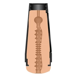 A cross-sectional diagram of the Doc Johnson Main Squeeze Dani Daniels UltraSkyn Stroker shows a cylindrical shape with an inner textured sleeve of bumps and ridges, all encased in a black outer casing.