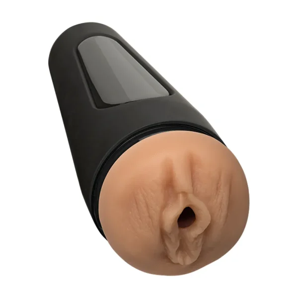 The Doc Johnson Main Squeeze Dani Daniels UltraSkyn Stroker features a realistic flesh-toned vulva opening, moulded from Dani Daniels and a black hard plastic casing, displayed on a white background.