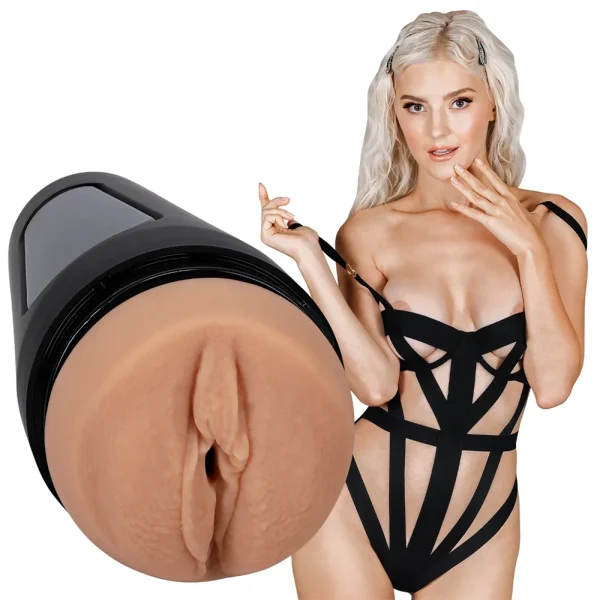 Doc Johnson Main Squeeze Eva Elfie UltraSkyn Stroker male masturbator in a black case, featuring a realistic vaginal opening, displayed next to the blonde Eva Elfie in a black strappy bodysuit.