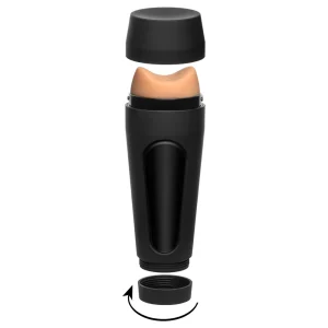The Doc Johnson Main Squeeze Eva Elfie UltraSkyn Stroker is a black cylindrical masturbator with its top cap off to reveal a skin-toned interior and the bottom cap unscrewed, highlighted by a curved arrow indicating rotation.