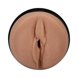 Close-up of the Doc Johnson Main Squeeze Eva Elfie UltraSkyn Stroker, featuring a realistic vagina-shaped flesh-toned sleeve moulded from Eva Elfie with detailed texture in a black circular case, displayed on a white background.