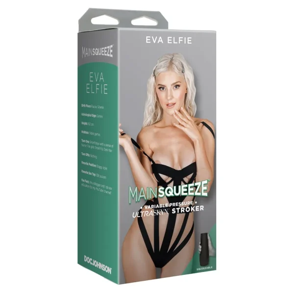 A product box shows Eva Elfie in black strappy lingerie and is labelled “Doc Johnson Main Squeeze Eva Elfie UltraSkyn Stroker,” with product details and Doc Johnson branding.