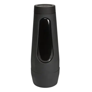 The Doc Johnson Main Squeeze Mia Malkova UltraSkyn Stroker is inside a black, cylindrical case with a tapered shape and an elongated pressure panel on its side, standing upright against a white background.