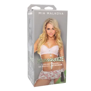 A product box showing Mia Malkova with long blonde hair in lingerie against a light background, labelled "Doc Johnson Main Squeeze Mia Malkova UltraSkyn Stroker.
