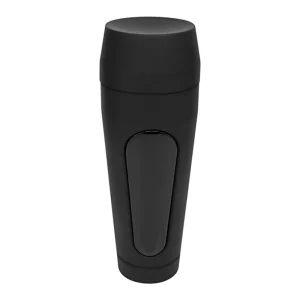 The Doc Johnson Main Squeeze Sasha Grey UltraSkyn Stroker is encased in a matte black stroker with a tapered shape and lid, featuring a vertical pressure panel running down the front.