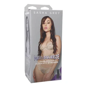 A product box labelled "Doc Johnson Main Squeeze Sasha Grey UltraSkyn Stroker" features an image of Sasha Grey in beige lingerie, with "Sasha Grey" displayed at the top.