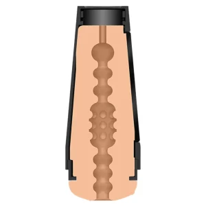 Cross-section illustration of the Doc Johnson Main Squeeze Sasha Grey UltraSkyn Stroker, showing its textured, nubbed internal channel and black outer shell, with detailed views of the internal structure.