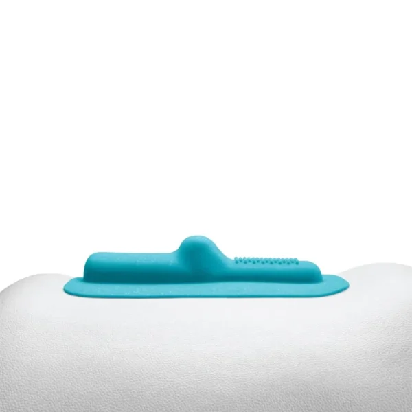 A close-up of The Cowgirl Unicorn Premium Remote and App-Controlled Riding Sex Machine, featuring a blue, curved silicone attachment with textured bumps.