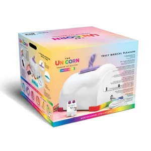 A vibrant box displays "The Cowgirl Unicorn Premium Remote and App-Controlled Riding Sex Machine," featuring a white machine with a purple sex machine attachment, surrounded by product images, descriptions, and rainbow gradient accents.