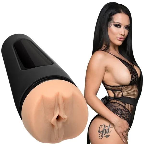 The Doc Johnson Main Squeeze Katrina Jade UltraSkyn Stroker, featuring a black case and lifelike opening, is shown next to a tattooed Katrina Jade in black lace lingerie.