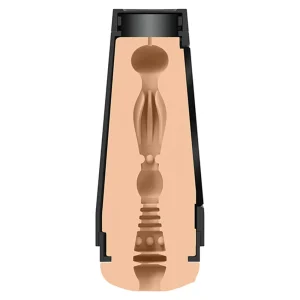 Cross-section illustration of the Doc Johnson Main Squeeze Katrina Jade UltraSkyn Stroker, a cylindrical, flesh-toned male masturbator with a textured inner canal and black plastic casing.