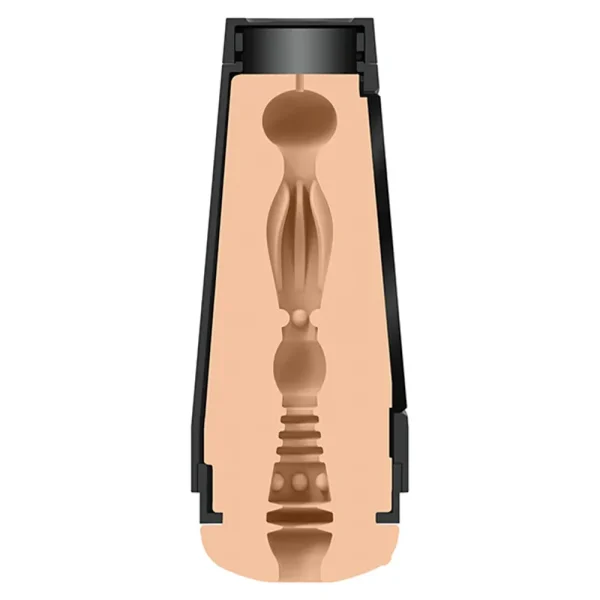 Cross-section illustration of the Doc Johnson Main Squeeze Katrina Jade UltraSkyn Stroker, a cylindrical, flesh-toned male masturbator with a textured inner canal and black plastic casing.