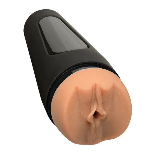 The Doc Johnson Main Squeeze Katrina Jade UltraSkyn Stroker features a black hard plastic case and realistic flesh-toned vulva opening, displayed angled on a white background.
