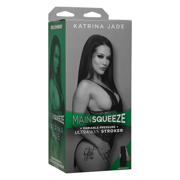 A product box shows Katrina Jade in black lingerie posing confidently. The green and white text reads "Doc Johnson Main Squeeze Katrina Jade UltraSkyn Stroker.