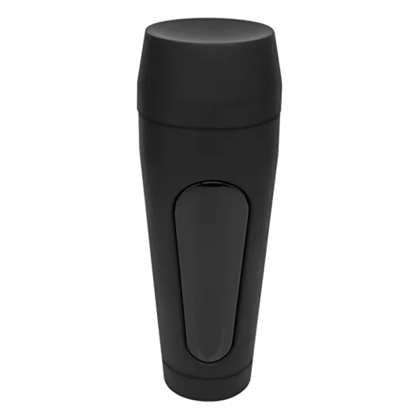 A black, cylindrical Doc Johnson Main Squeeze Kenna James UltraSkyn Stroker with a matte finish, secure lid, and subtle pressure pad area on the side.