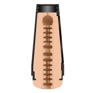 Cross-section illustration of the Doc Johnson Main Squeeze Kenna James UltraSkyn Stroker, showing its interior with a textured ribbed tunnel and a black outer casing.