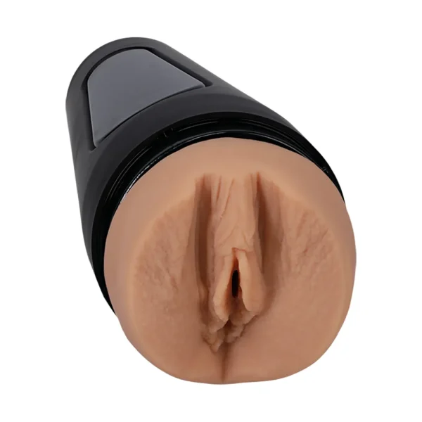 The Doc Johnson Main Squeeze Kenna James UltraSkyn Stroker features a realistic light skin tone vulva opening and comes in a black cylindrical case with a suction control cap.