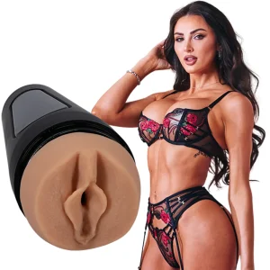 Doc Johnson Main Squeeze Kenzie Anne UltraSkyn Stroker, a Fleshlight-style male masturbator with realistic vaginal opening in medium skin tone, is shown next to Kenzie Anne wearing floral embroidered black lingerie.