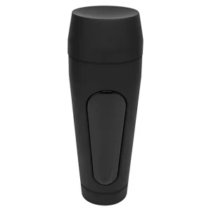 The Doc Johnson Main Squeeze Kenzie Anne UltraSkyn Stroker features a sleek, modern design with a slightly tapered body and matching lid, plus a glossy black vertical pressure panel on the front.
