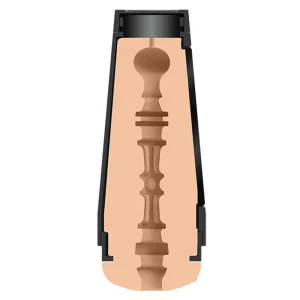 A cross-section diagram of the Doc Johnson Main Squeeze Kenzie Anne UltraSkyn Stroker shows its smooth outer shell and a detailed, textured inner canal with intricate ridges and shapes designed for enhanced stimulation.