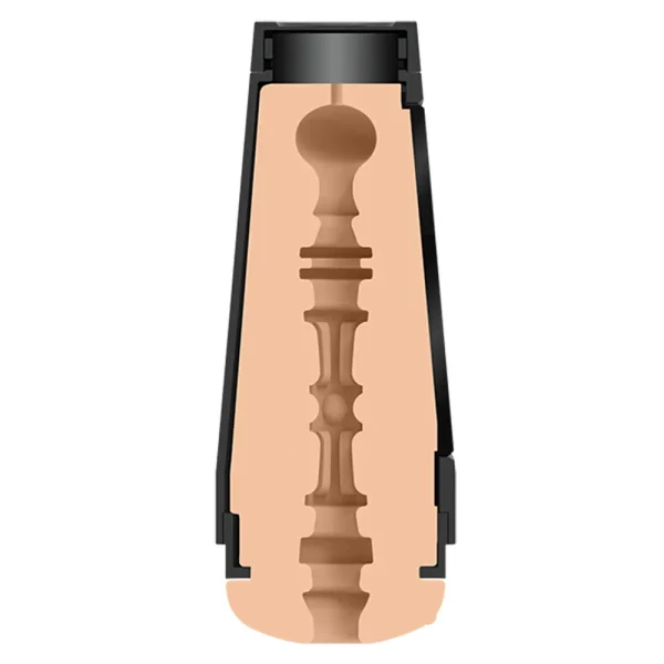 A cross-section diagram of the Doc Johnson Main Squeeze Kenzie Anne UltraSkyn Stroker shows its smooth outer shell and a detailed, textured inner canal with intricate ridges and shapes designed for enhanced stimulation.