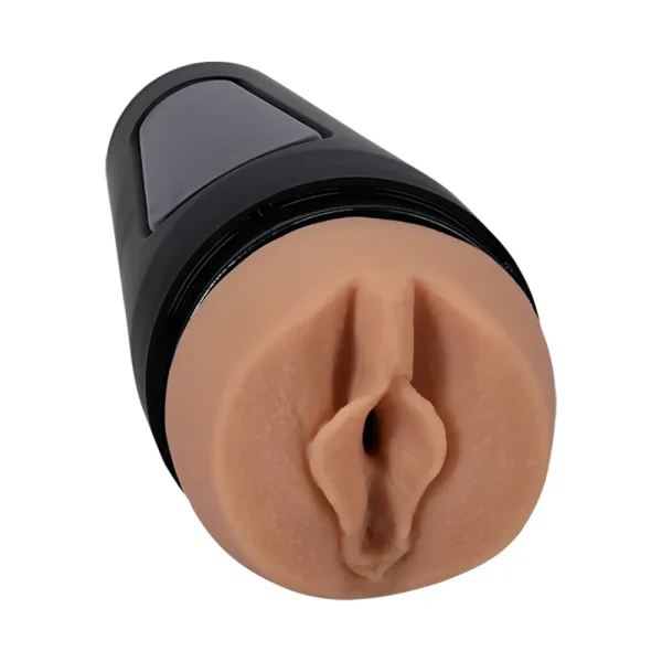 The Doc Johnson Main Squeeze Kenzie Anne UltraSkyn Stroker features a realistic medium skin tone vulva opening in a black case with a suction control cap.