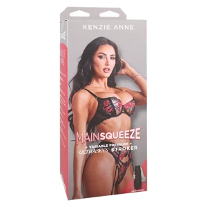 Product packaging shows Kenzie Anne in black and red lingerie posing confidently; the box reads “Doc Johnson Main Squeeze Kenzie Anne UltraSkyn Stroker.”.