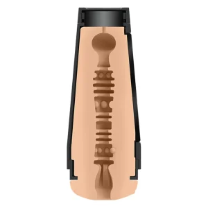 Cross-section illustration of the Doc Johnson Main Squeeze Kiley Corrupt UltraSkyn Stroker with a textured, ribbed, and noduled inner canal inside a flesh-toned casing and black end caps.