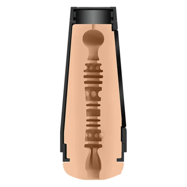 Cross-section illustration of the Doc Johnson Main Squeeze Kiley Corrupt UltraSkyn Stroker with a textured, ribbed, and noduled inner canal inside a flesh-toned casing and black end caps.