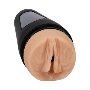 Doc Johnson Main Squeeze Kiley Corrupt UltraSkyn Stroker features a realistic vulva opening in a black case with suction control cap, shown on a white background.