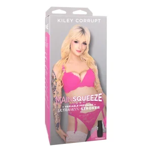 A product box labelled "Doc Johnson Main Squeeze Kiley Corrupt UltraSkyn Stroker" with an image of a blonde, tattooed Kiley Corrupt in pink lingerie.