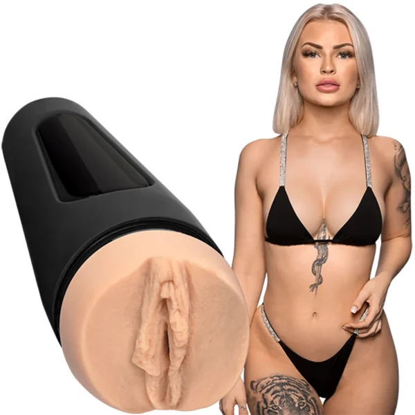 doc-johnson-main-squeeze-layna-me-ultraskyn-stroker Doc Johnson Main Squeeze @Layna.Me UltraSkyn Stroker, a male masturbator in a black case with a realistic vulva opening, shown alongside a tattooed blonde LaynaBoo in a black bikini.