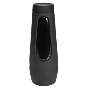 The Doc Johnson Main Squeeze @Layna.Me UltraSkyn Stroker is a sleek black cylindrical plastic bottle with a glossy vertical pressure pad for adjustable pressure, a flat round lid, and a sturdy modern design.