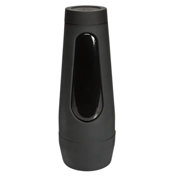 The Doc Johnson Main Squeeze @Layna.Me UltraSkyn Stroker is a sleek black cylindrical plastic bottle with a glossy vertical pressure pad for adjustable pressure, a flat round lid, and a sturdy modern design.