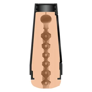 A cross-section of the Doc Johnson Main Squeeze @Layna.Me UltraSkyn Stroker reveals a soft, textured interior with a central channel lined with round bumps and ridges, all encased in a durable black shell.