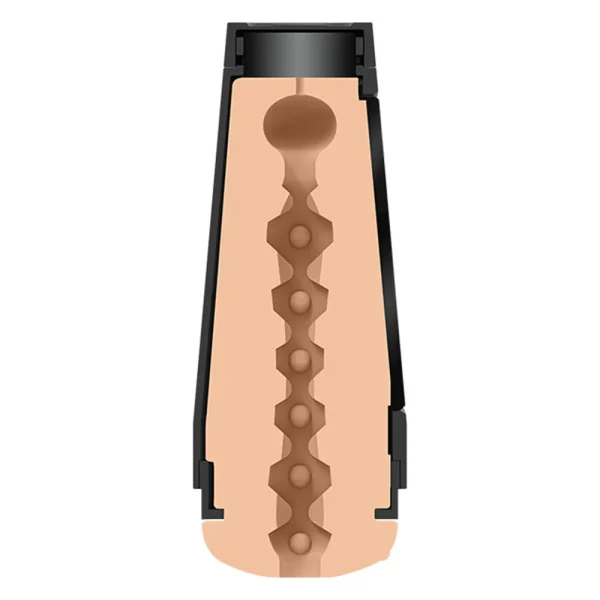 A cross-section of the Doc Johnson Main Squeeze @Layna.Me UltraSkyn Stroker reveals a soft, textured interior with a central channel lined with round bumps and ridges, all encased in a durable black shell.