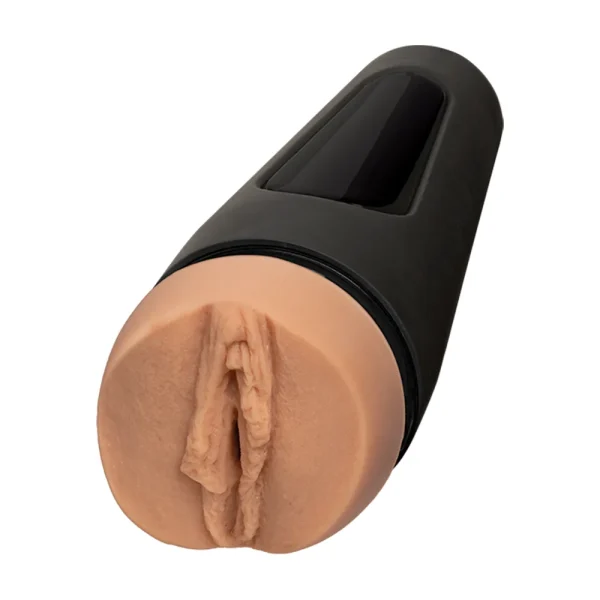 The Doc Johnson Main Squeeze @Layna.Me UltraSkyn Stroker is a realistic male sex toy featuring a black outer casing and a flesh-toned opening designed to resemble LaynaBoo's genitalia.