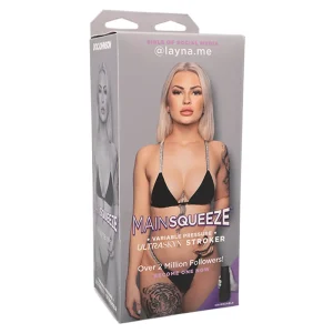 A product box featuring a blonde LaynaBoo in a black bikini top. The box is labelled "Doc Johnson Main Squeeze @Layna.Me UltraSkyn Stroker" and highlights over 2 million followers for @layna.me.