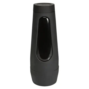 The Doc Johnson Main Squeeze Leo of Leolulu UltraSkyn Stroker is a black, cylindrical stroker featuring a vertical glossy pressure pad in the centre, displayed upright against a white background.