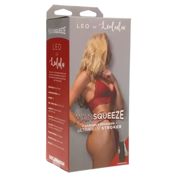 A product box for the Doc Johnson Main Squeeze Leo of Leolulu UltraSkyn Stroker features an image of Leo in red lingerie, posing with her back turned and arms crossed over her chest.