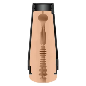 A cross-sectional view of the Doc Johnson Main Squeeze Lily Larimar UltraSkyn Stroker reveals its textured internal canal, featuring ridges, bumps, and chambers within a cylindrical outer casing.