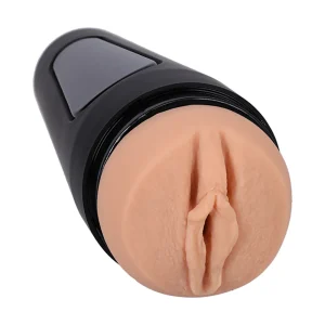 The Doc Johnson Main Squeeze Lily Larimar UltraSkyn Stroker is a black handheld masturbator with a flesh-coloured realistic vagina-shaped opening made of UltraSkyn material.