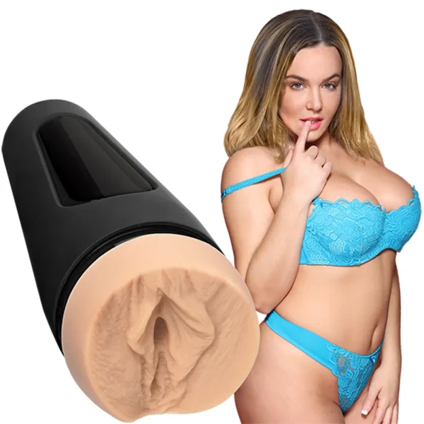 doc-johnson-main-squeeze-natasha-nice-ultraskyn-stroker The Doc Johnson Main Squeeze Natasha Nice UltraSkyn Stroker is a male masturbator, which is positioned next to Natasha Nice in blue lingerie.