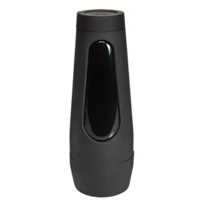 The Doc Johnson Main Squeeze Natasha Nice UltraSkyn Stroker has a sleek, black, cylindrical case with a glossy pressure panel in the centre, shown standing upright against a white background.